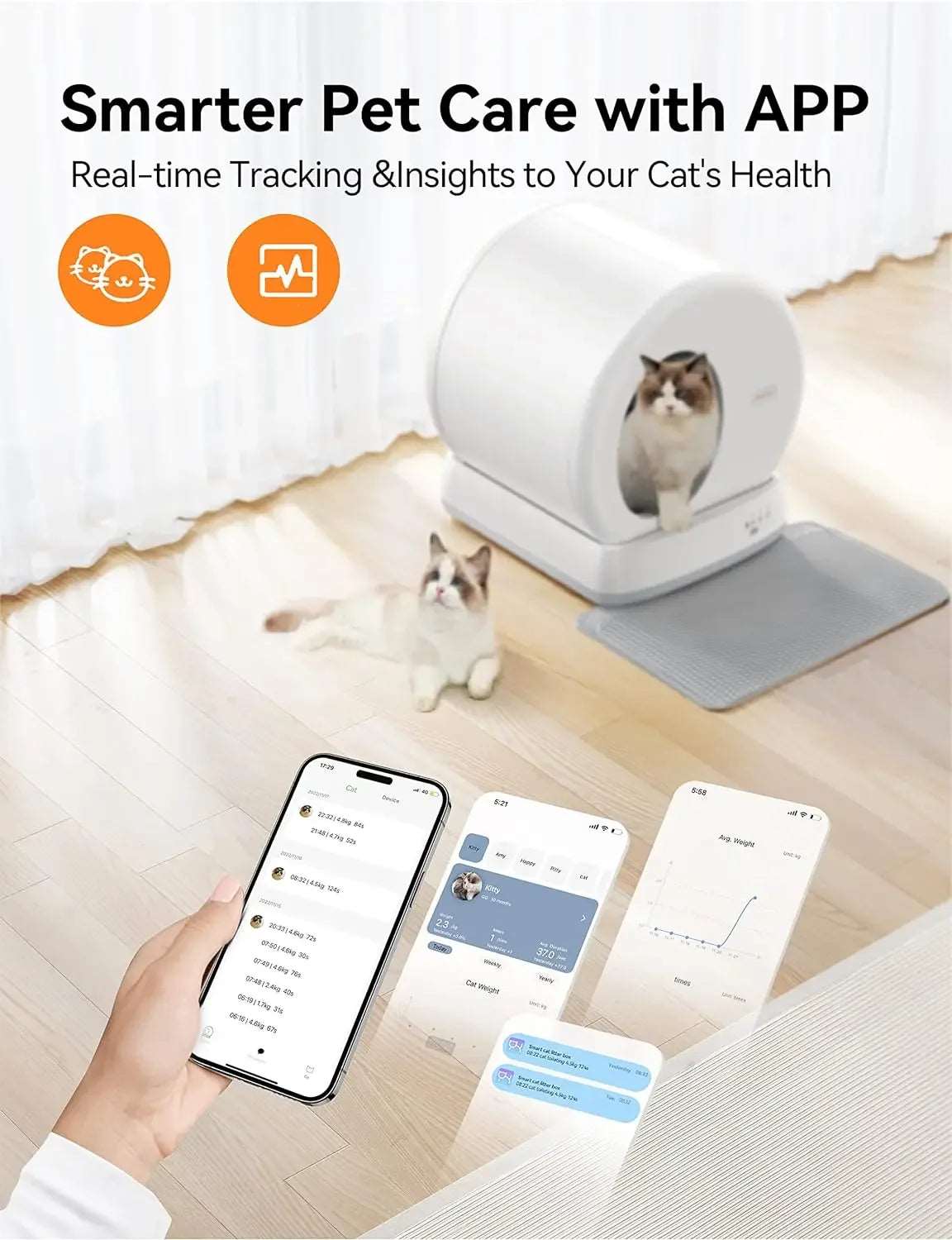New Self-Cleaning Cat Litter Box,Extra Large Odor Isolation/APP Control Cat Litter Box with Odor Eliminator Mat Liner-New,USA