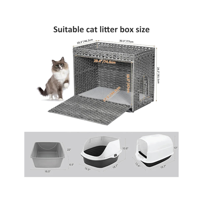 Cat Litter Box Enclosure: Handwoven Rattan with Soft Mat - Paws Solution