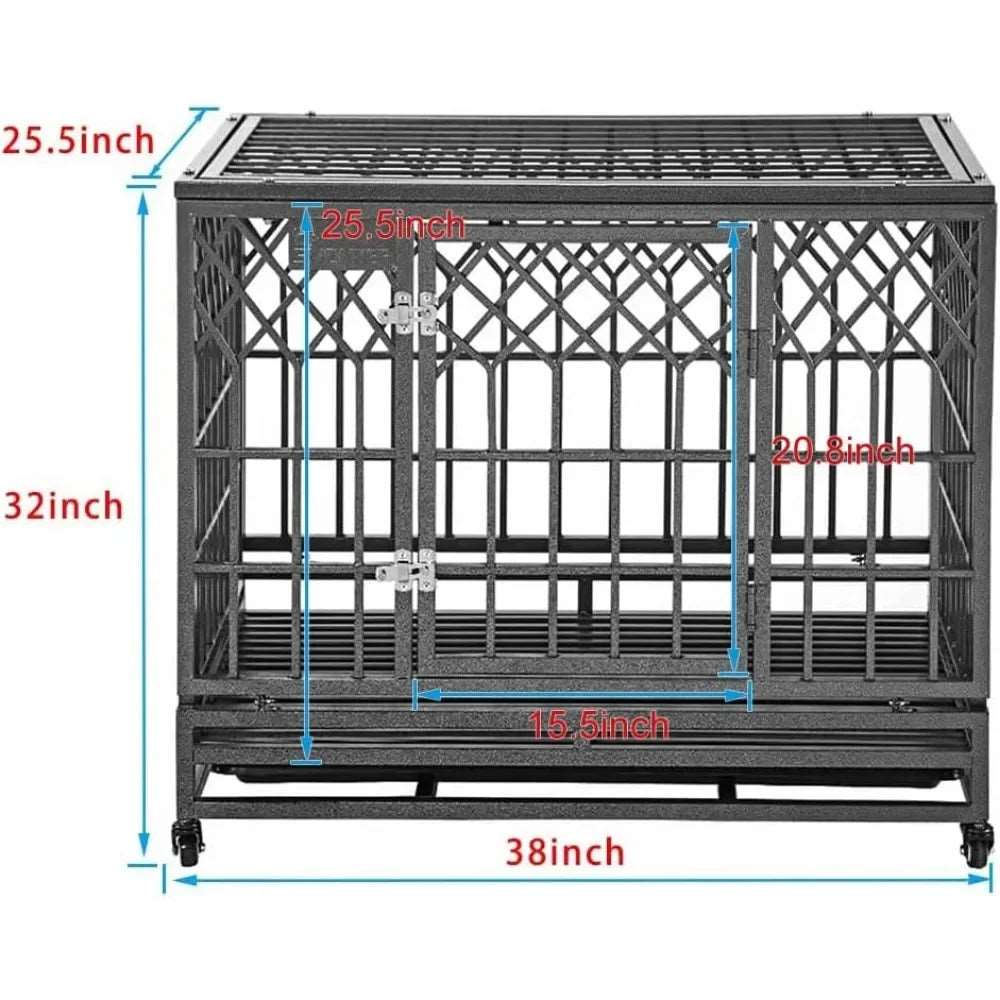 Dog Cage, Suitable for Large Dogs, Solid Metal Kennel and Flat Noodles Pet Fence, with Three Doors,Four Wheels,38 Inches, Silver