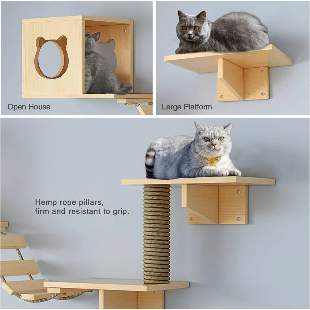 Cat Wall Furniture: 2 Houses, 4 Shelves, Scratching Post - Paws Solution