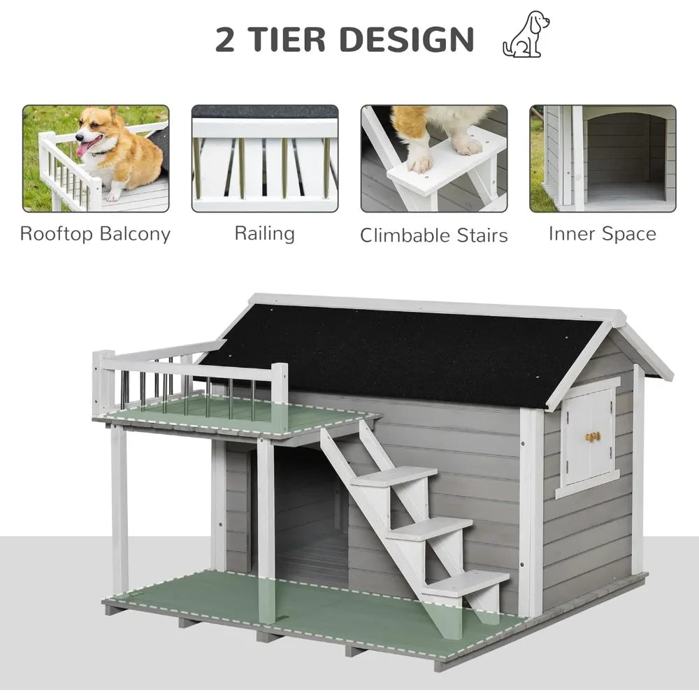 Outdoor Wooden Dog Kennel with Ladder Balcony, Waterproof Asphalt Roof for Medium and Large Dogs, Log Cabin Raised Dog Kennel - Paws Solution