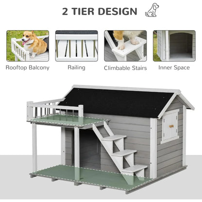 Outdoor Wooden Dog Kennel with Ladder Balcony, Waterproof Asphalt Roof for Medium and Large Dogs, Log Cabin Raised Dog Kennel - Paws Solution