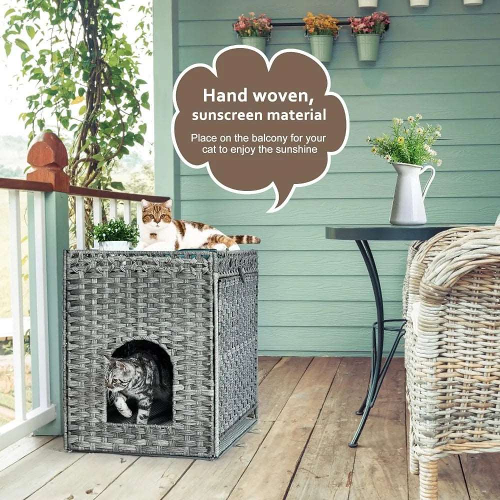 Cat Litter Box Enclosure With Soft Litter Mat; Hidden Washroom Furniture With Door; Handwoven Rattan Cat House With Large Space