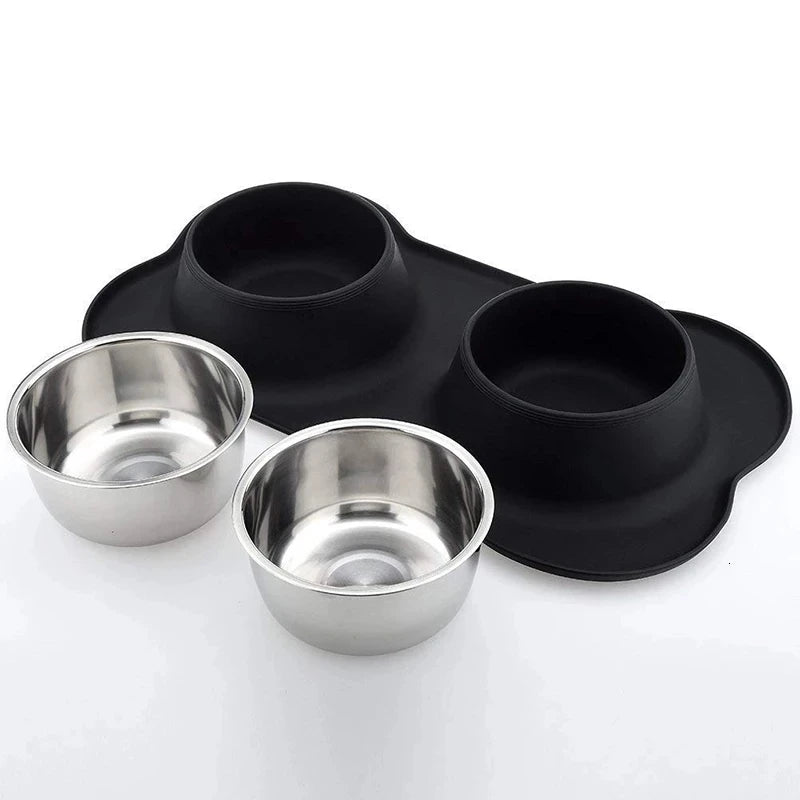 Antislip Double Dog Bowl with Silicone Mat, Stainless Steel Feeder for Dogs and Cats - Paws Solution