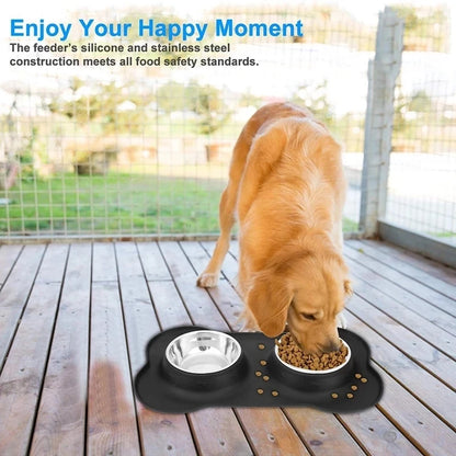 Antislip Double Dog Bowl with Silicone Mat, Stainless Steel Feeder for Dogs and Cats - Paws Solution