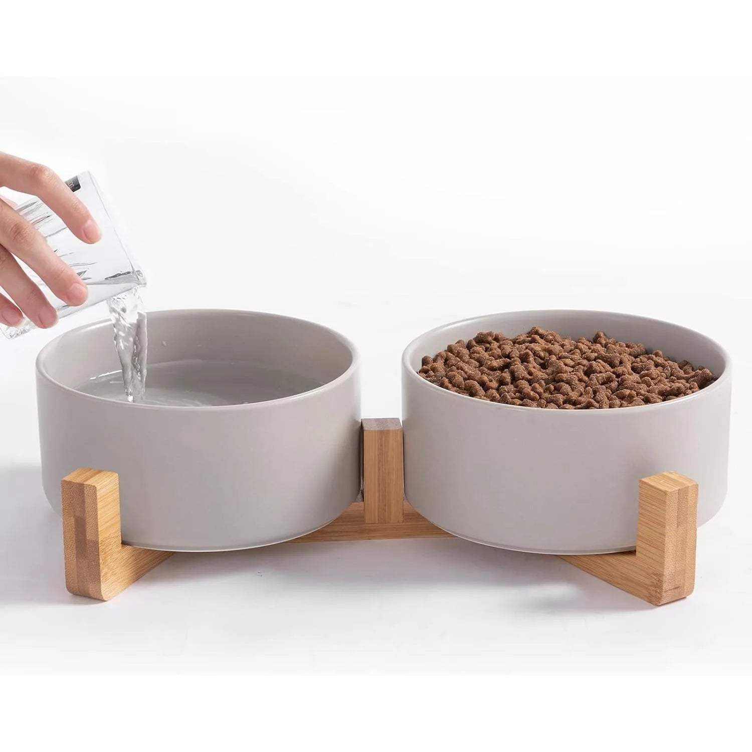 Ceramic Pet Bowls Set: Food & Water with Wood Stand, No Spill - Paws Solution