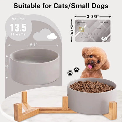 Ceramic Pet Bowls Set: Food & Water with Wood Stand, No Spill - Paws Solution