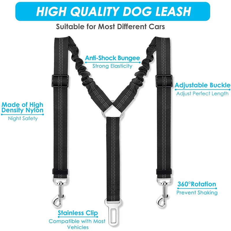 Double Dog Car Seat Belt with Reflective Stripes, Adjustable Safety Leash for Two Pets. - Paws Solution