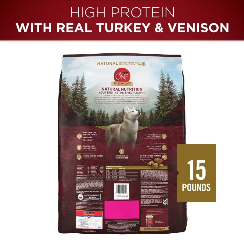 Purina One True Instinct Dry Dog Food for Adult Dogs, Real Turkey & Venison, 15 lb Bag - Paws Solution