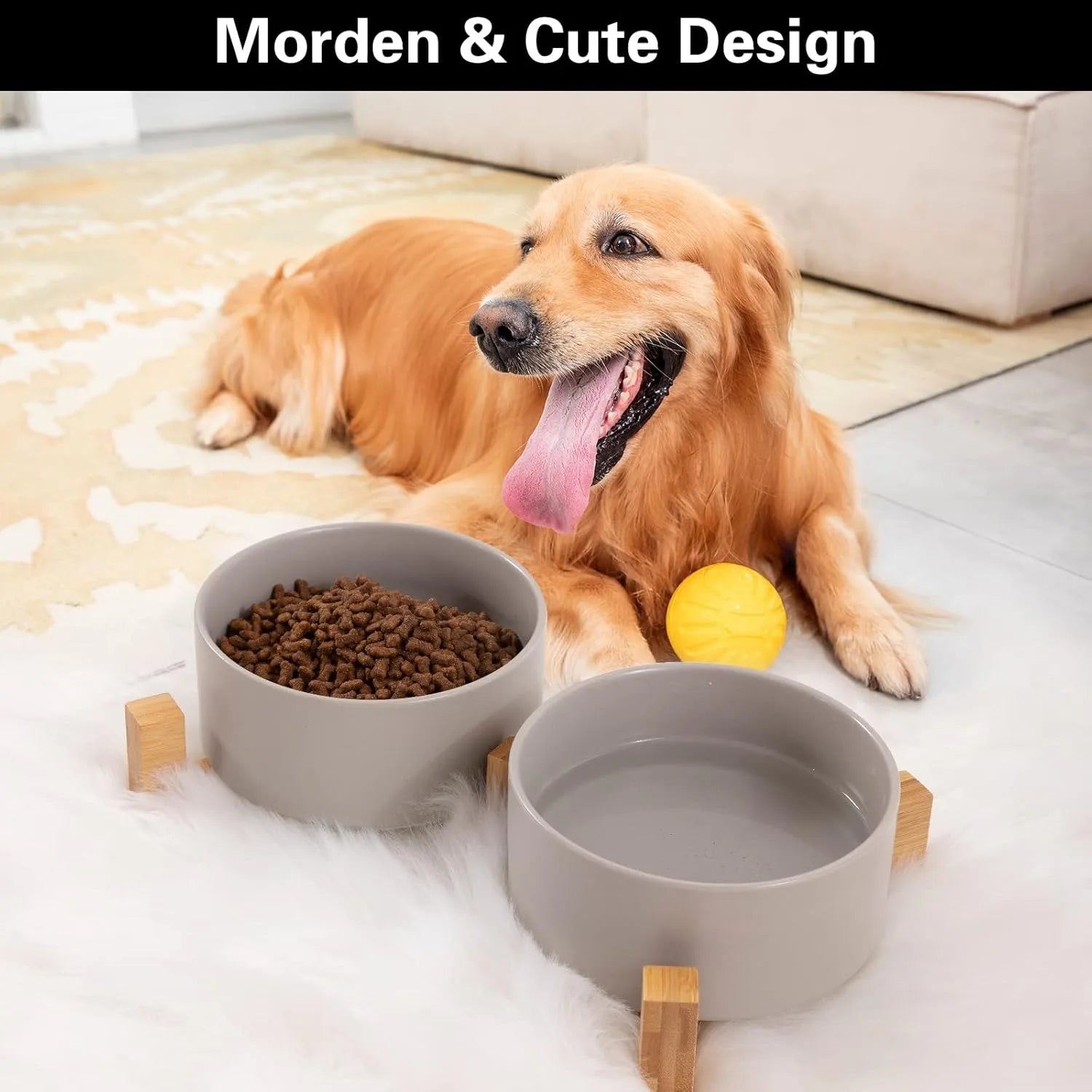 Ceramic Pet Bowls Set: Food & Water with Wood Stand, No Spill - Paws Solution