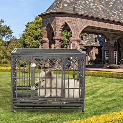 Dog Cage, Suitable for Large Dogs, Solid Metal Kennel and Flat Noodles Pet Fence, with Three Doors,Four Wheels,38 Inches, Silver