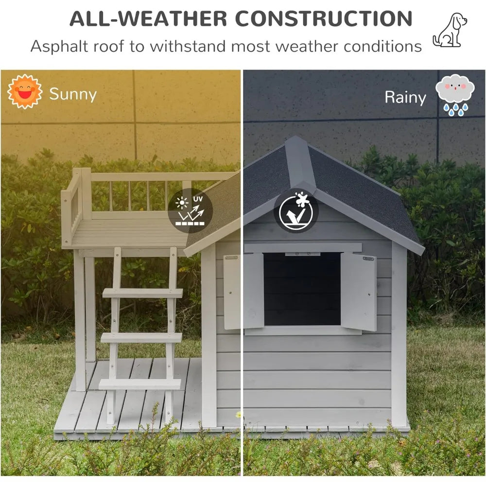 Outdoor Wooden Dog Kennel with Ladder Balcony, Waterproof Asphalt Roof for Medium and Large Dogs, Log Cabin Raised Dog Kennel - Paws Solution