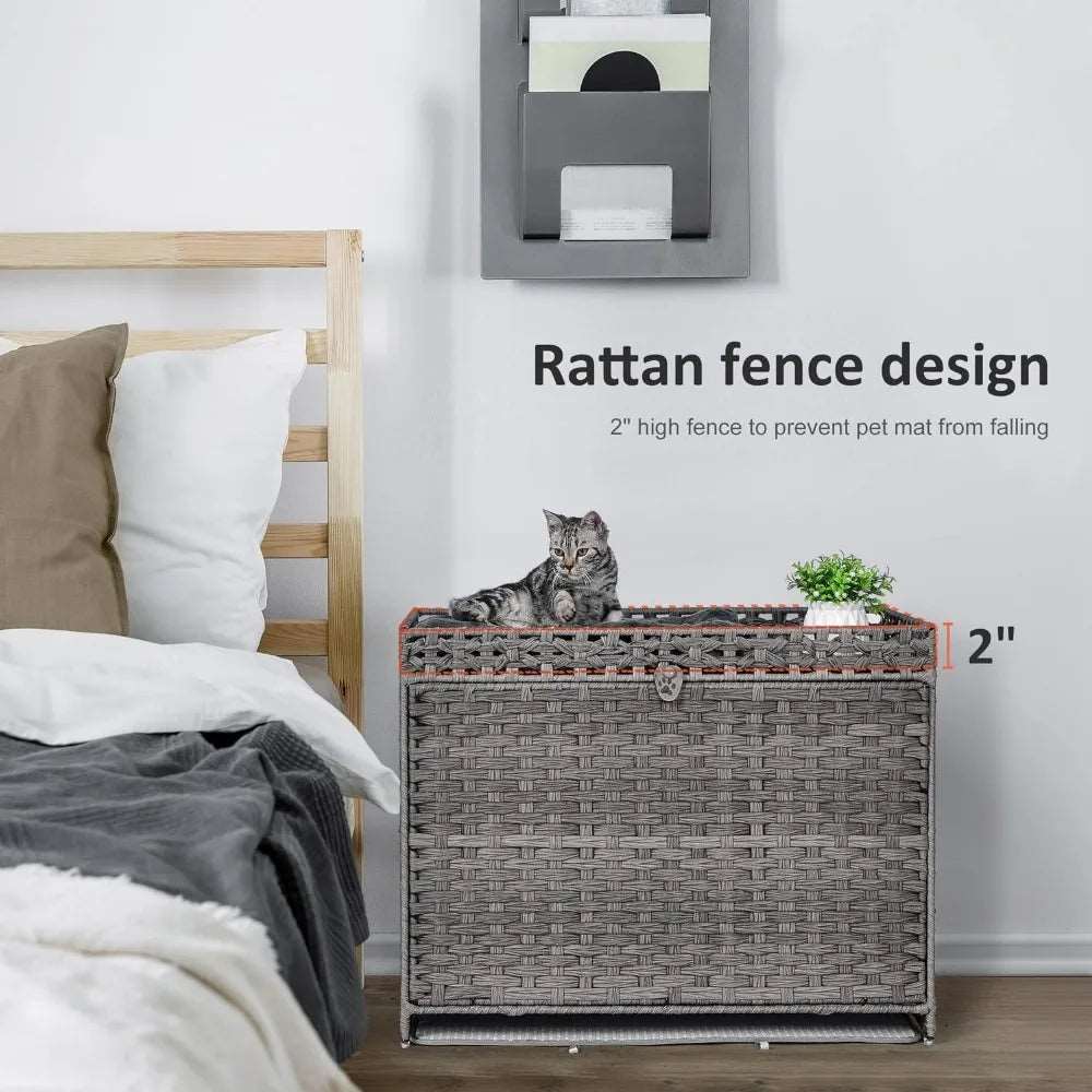 Cat Litter Box Enclosure With Soft Litter Mat; Hidden Washroom Furniture With Door; Handwoven Rattan Cat House With Large Space