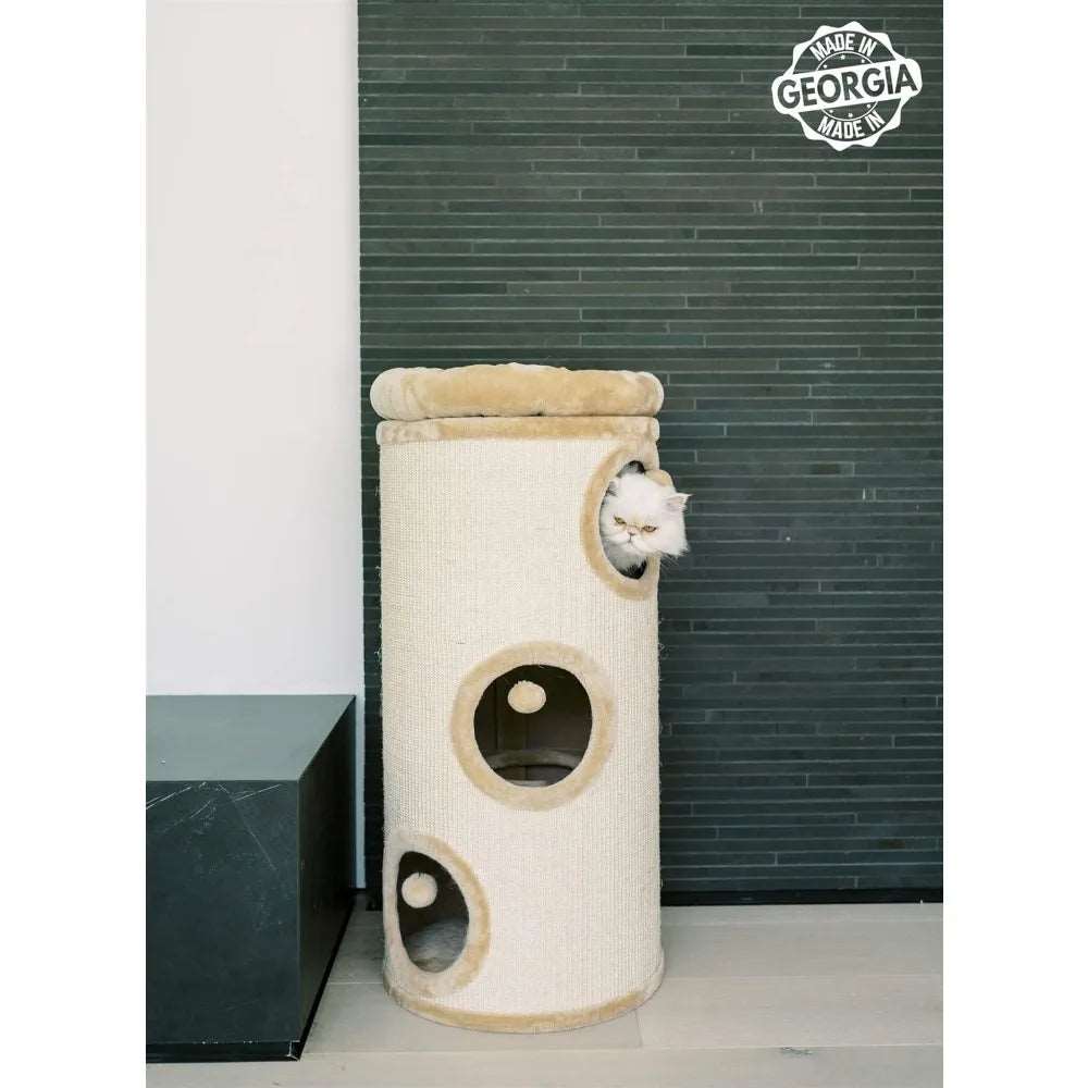 3 Story Cat Tree Condo Barrel Tower, 38.5", Top High Edge Removable Snuggle Bed with Scratching Post for Cats and Kittens