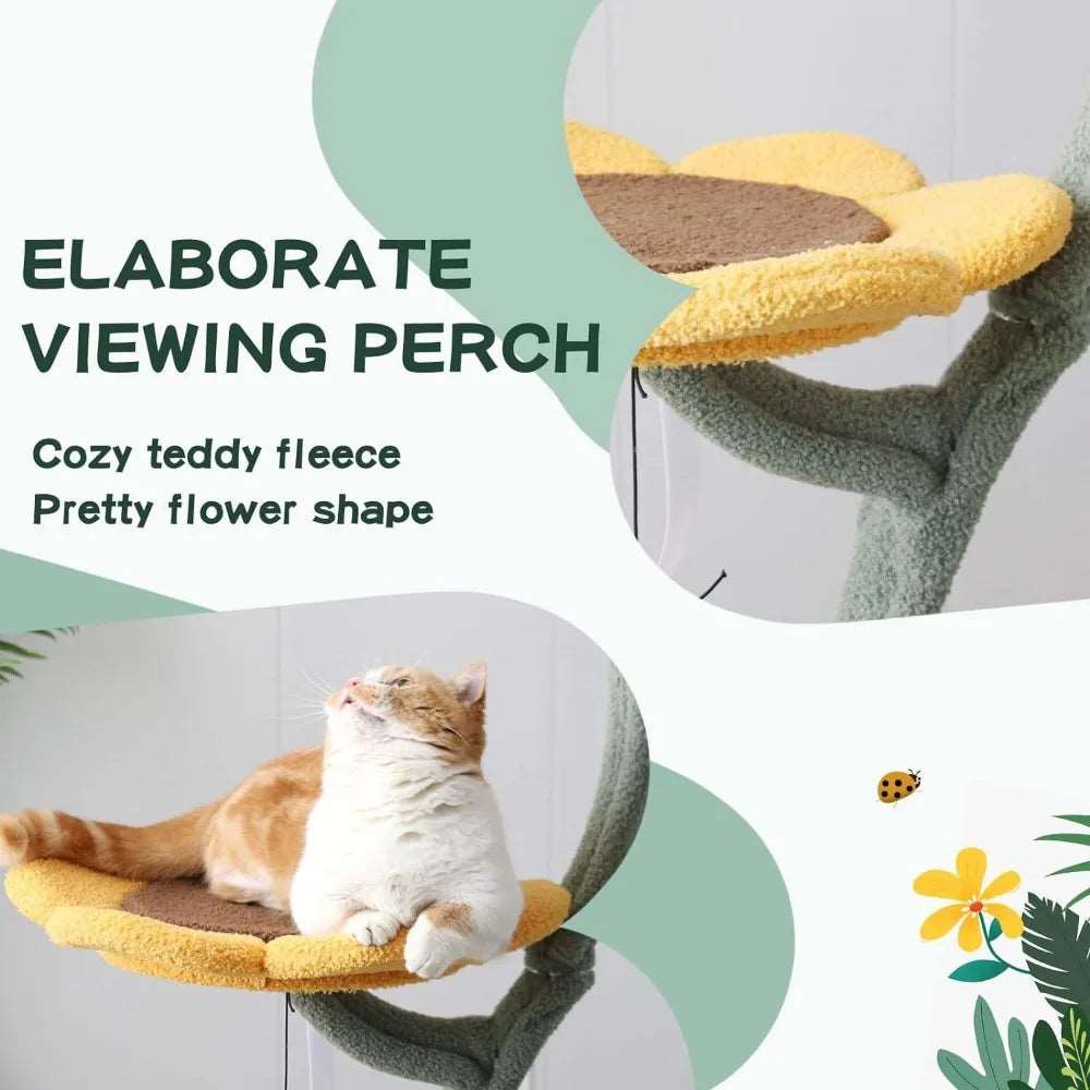 Sunflower Modern Cat Tree Tower 68”,Teddy Fleece Tall Cat Tower for Indoor Cats, Multi-Level Furniture with Jumping Platform