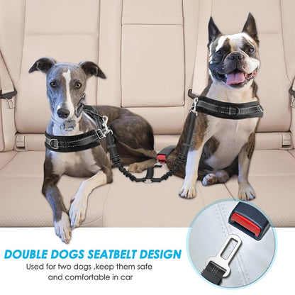 Double Dog Car Seat Belt with Reflective Stripes, Adjustable Safety Leash for Two Pets. - Paws Solution