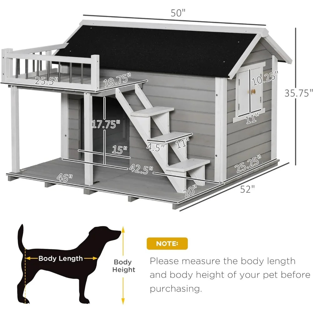 Outdoor Wooden Dog Kennel with Ladder Balcony, Waterproof Asphalt Roof for Medium and Large Dogs, Log Cabin Raised Dog Kennel - Paws Solution