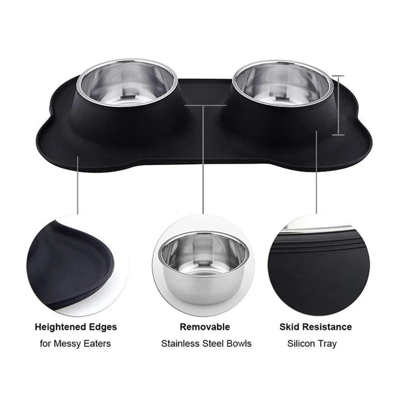 Antislip Double Dog Bowl with Silicone Mat, Stainless Steel Feeder for Dogs and Cats - Paws Solution