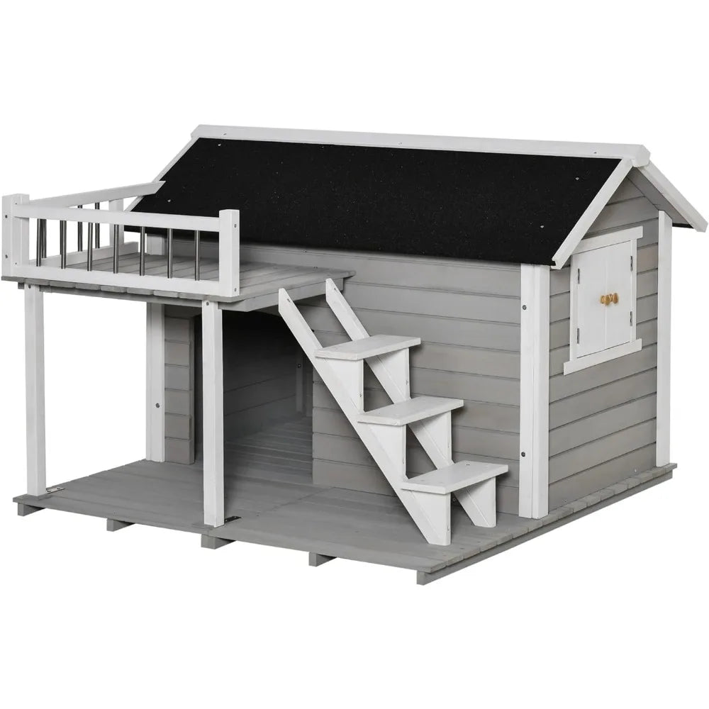 Outdoor Wooden Dog Kennel with Ladder Balcony, Waterproof Asphalt Roof for Medium and Large Dogs, Log Cabin Raised Dog Kennel - Paws Solution