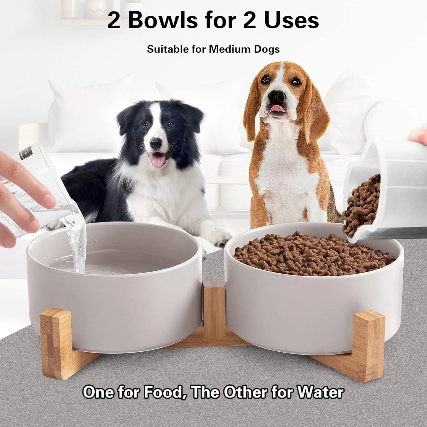 Ceramic Pet Bowls Set: Food & Water with Wood Stand, No Spill - Paws Solution